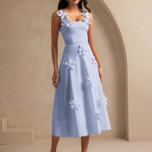 Dusty Blue Elegant Women's 3d Flower maxi dress - Picture 2 of 8